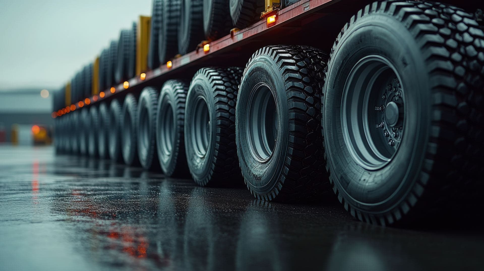 Row of heavy-duty commercial tires ready for delivery